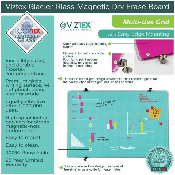 Viztex Glacier White Multi-Purpose Grid Glass Dry Erase Board 24" X 36"