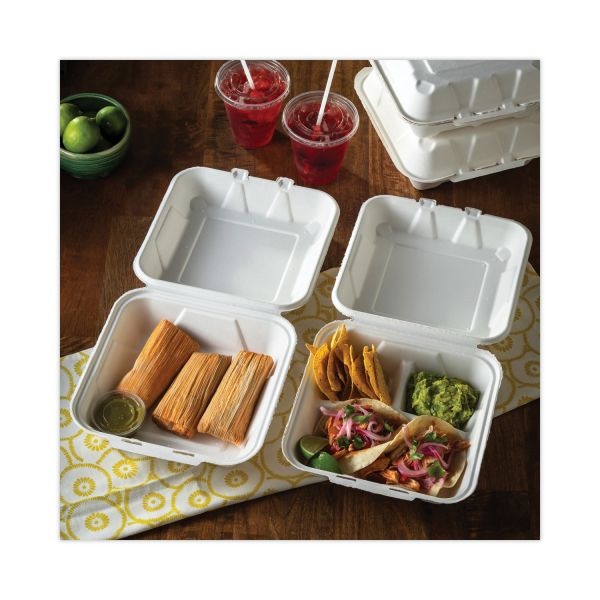 Pactiv Evergreen Earthchoice Bagasse Hinged Lid Container, Dual Tab Lock Large Container, 9 X 9 X 3.5, Natural, Sugarcane, 150/Carton