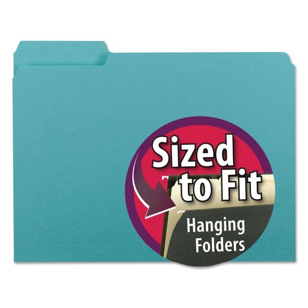 Smead Interior File Folders, 1/3-Cut Tabs: Assorted, Letter Size, 0.75" Expansion, Aqua, 100/Box