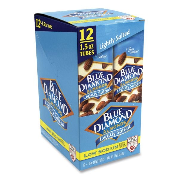 Blue Diamond Low Sodium Lightly Salted Almonds, 1.5 Oz Tube, 12 Tubes/Box