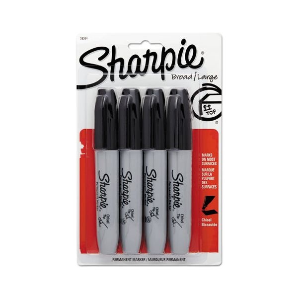 Sharpie Chisel Tip Permanent Marker, Broad, Black, 4/Pack