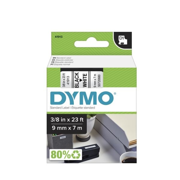 Dymo D1 41913 Black-On-White Tape, 0.38" X 23'