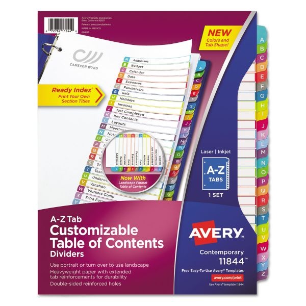 Avery Customizable Toc Ready Index Multicolor Tab Dividers, 26-Tab, A To Z, 11 X 8.5, White, Contemporary Color Tabs, 1 Set