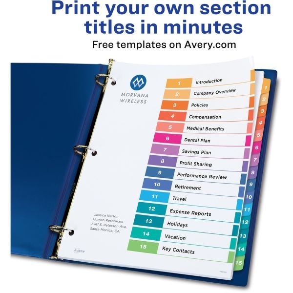 Avery Customizable Toc Ready Index Multicolor Tab Dividers, 15-Tab, 1 To 15, 11 X 8.5, White, Traditional Color Tabs, 1 Set