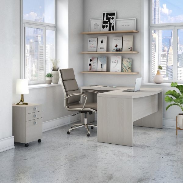 Office By Kathy Ireland Echo L Shaped Bow Front Desk With Mobile File Cabinet In Gray Sand