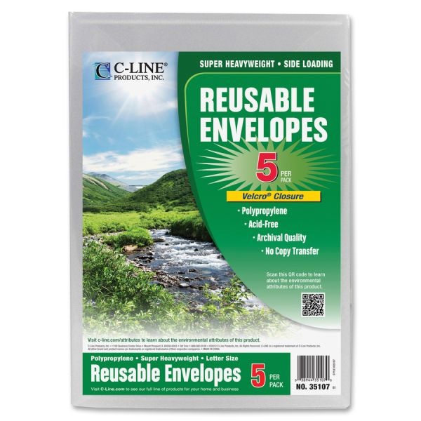 C-Line Reusable Poly Envelope, Hook/Loop Closure, 9.38 X 13, Clear, 5/Pack