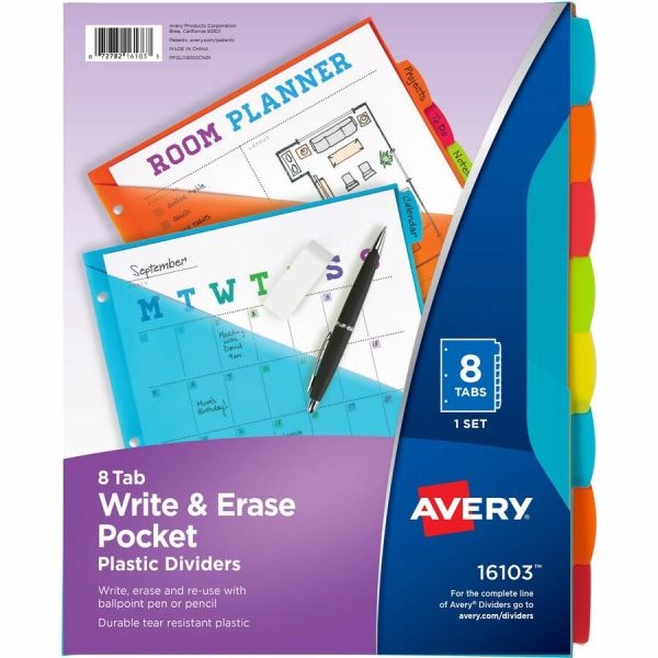 Avery Write & Erase 8-Tab Plastic Dividers, Pockets, Brights (16103)