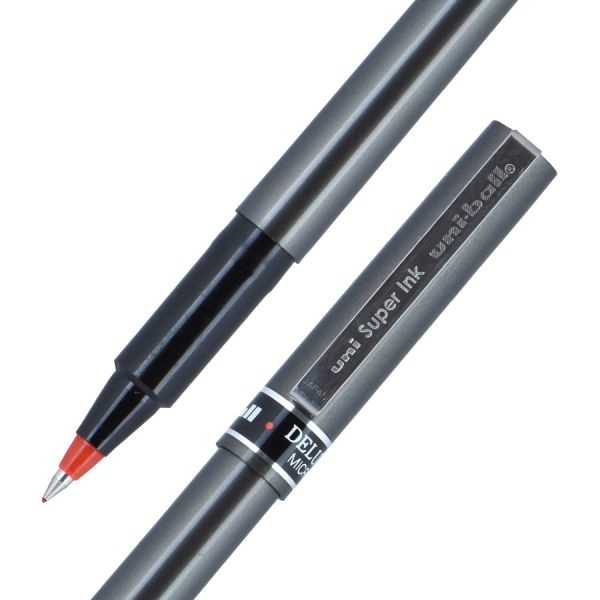 Uniball Deluxe Roller Ball Pen, Stick, Extra-Fine 0.5 Mm, Red Ink, Metallic Gray/Black/Red Barrel, Dozen