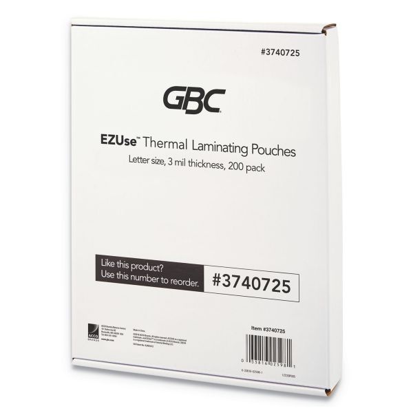 Gbc Ezuse Thermal Laminating Pouches, 3 Mil, 8.5" X 11", Gloss Clear, 200/Pack
