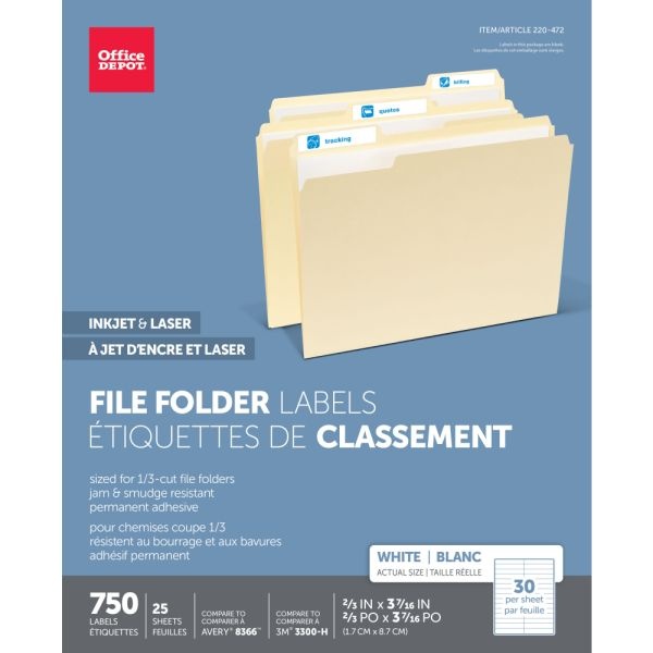 Permanent File Folder Labels, Rectangle, 2/3" X 3 7/16", White, Pack Of 750