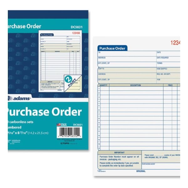 Adams Carbonless Purchase Order Book, 5 9/16