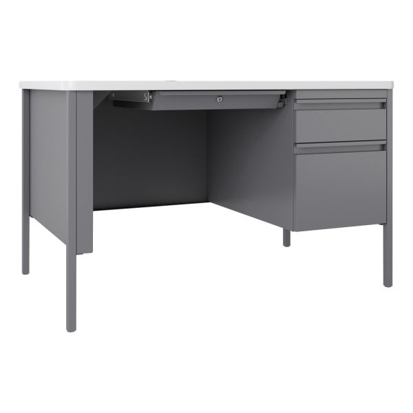 Lorell Fortress 48"W Steel Right-Pedestal Teacher's Computer Desk, Platinum/White