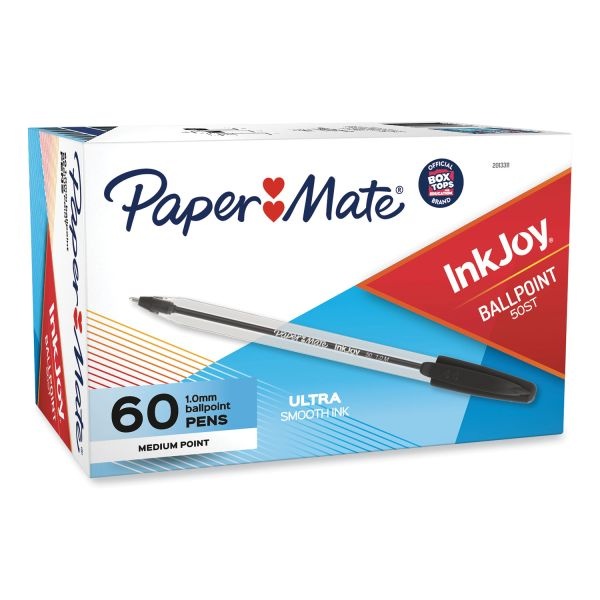 Paper Mate Inkjoy 50St Ballpoint Pen, Stick, Medium 1 Mm, Black Ink, Clear Barrel, 60/Pack