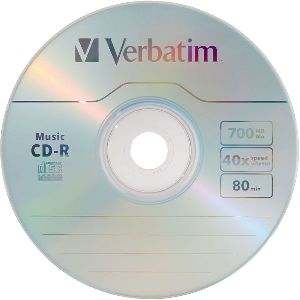 Verbatim Cd-R Music Recordable Disc, 700 Mb/80 Min, 40X, Spindle, Silver, 25/Pack