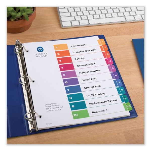 Avery Customizable Table Of Contents Ready Index Dividers With Multicolor Tabs, 10-Tab, 1 To 10, 11 X 8.5, White, 3 Sets