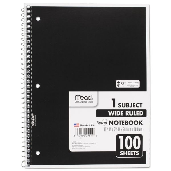 Mead Spiral Notebook, 3-Hole Punched, 1-Subject, Wide/Legal Rule, Randomly Assorted Cover Color, (100) 10.5 X 7.5 Sheets