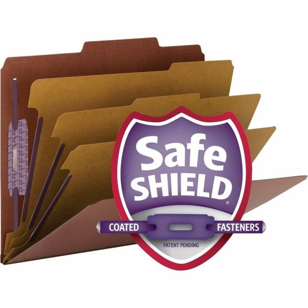 Smead Pressboard Classification Folders With Safeshield Fasteners, 3 Dividers, 3" Expansion, Letter Size, 100% Recycled, Red, Box Of 10