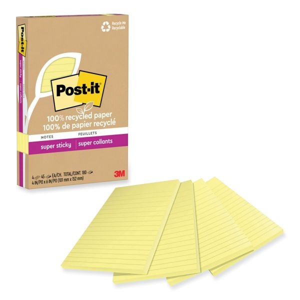 Post-It Notes Super Sticky 100% Recycled Paper Super Sticky Notes, Ruled, 4" X 6", Canary Yellow, 45 Sheets/Pad, 4 Pads/Pack