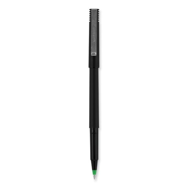 Uniball Roller Ball Pen, Stick, Extra-Fine 0.5 Mm, Green Ink, Black/Green Barrel, Dozen