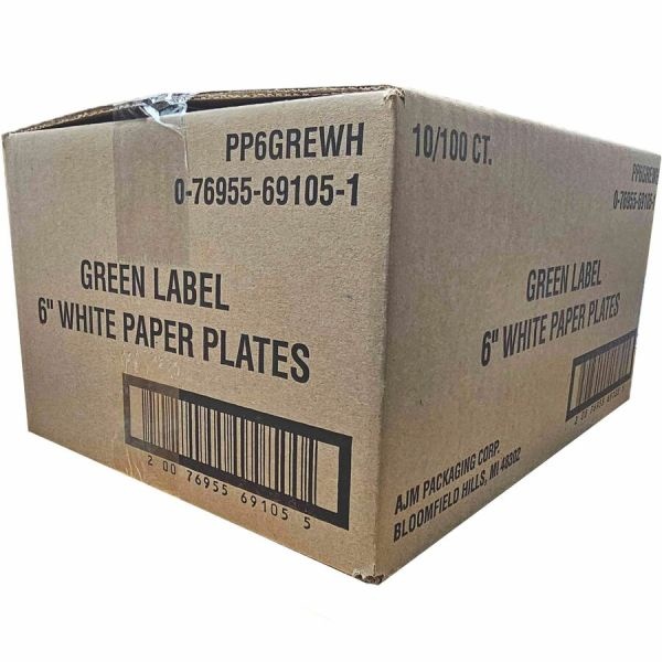 Ajm Green Label Paper Plates, 6", White, Box Of 1,000 Plates