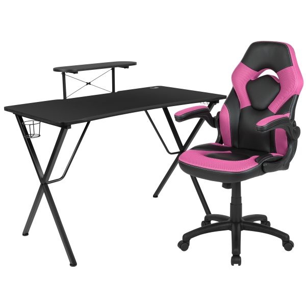 Optis Black Gaming Desk And Pink/Black Racing Chair Set With Cup Holder, Headphone Hook, And Monitor/Smartphone Stand