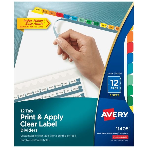Avery Customizable Index Maker Dividers For 3 Ring Binder, Easy Print & Apply Clear Label Strip, 12 Tab, Multicolor, Pack Of 5 Sets
