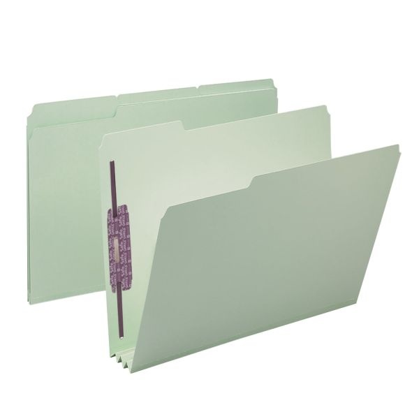 Smead Pressboard Fastener Folders With Safeshield Coated Fasteners, 3" Expansion, Letter Size, 100% Recycled, Gray/Green, Box Of 25
