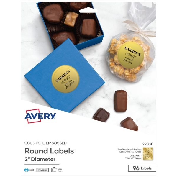 Avery Printable Embossed Foil Labels, 22831, Round, 2" Diameter, Gold, Pack Of 96 Customizable Labels