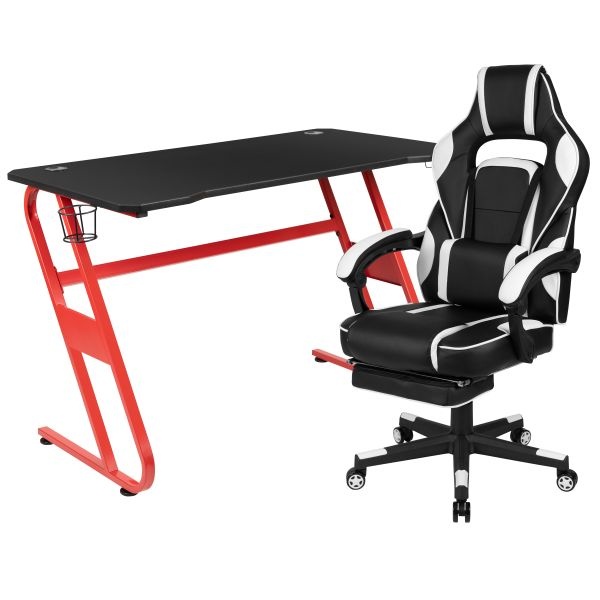 Optis Red Gaming Desk With Cup Holder/Headphone Hook & White Reclining Back/Arms Gaming Chair With Footrest