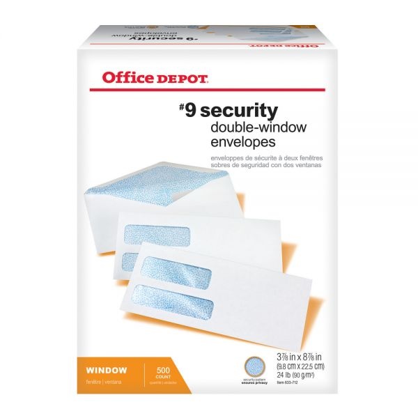 #9 Security Envelopes, Double Window, Gummed Seal, White, Box Of 500