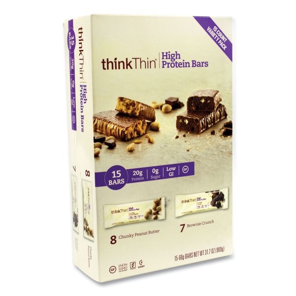 Thinkthin High Protein Bars, Brownie Crunch/Chunky Peanut Butter, 2.1 Oz Bar, 15 Bars/Carton