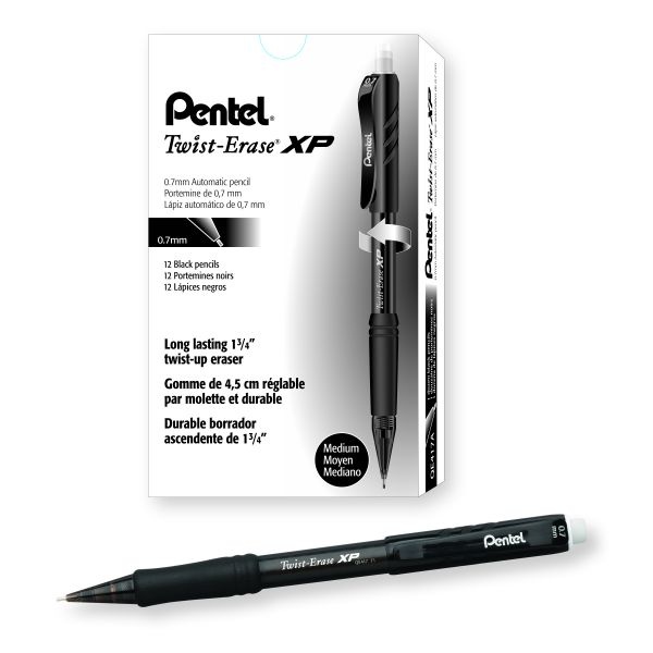 Pentel Twist-Erase Express Mechanical Pencil, 0.7 Mm, Hb (#2), Black Lead, Black Barrel, Dozen