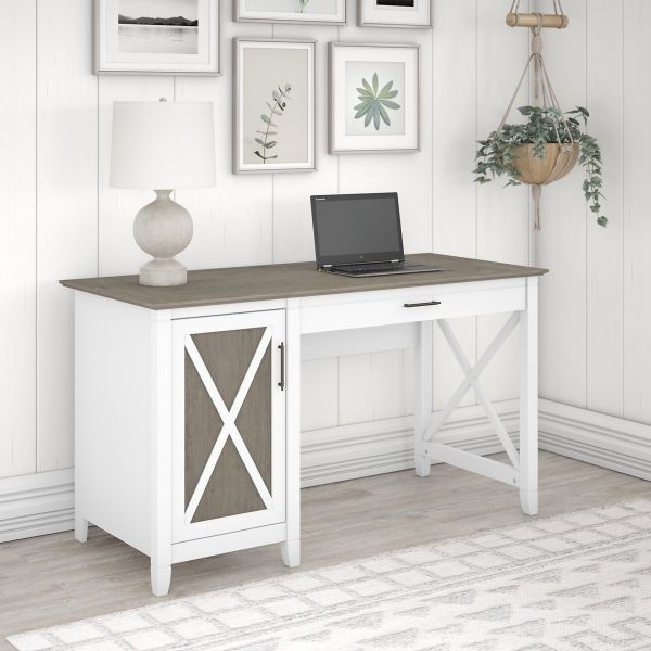 Bush Furniture Key West 54W Computer Desk With Keyboard Tray And Storage In Pure White And Shiplap Gray