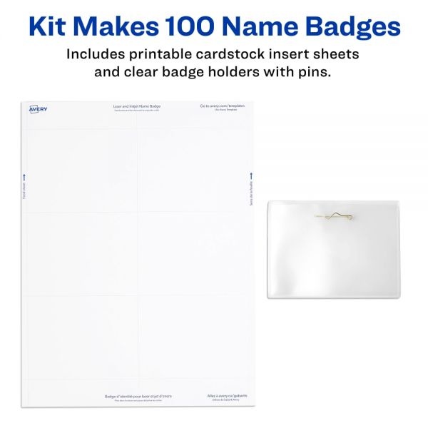 Avery Pin-Style Badge Holder With Laser/Inkjet Insert, Top Load, 4 X 3, White, 100/Box