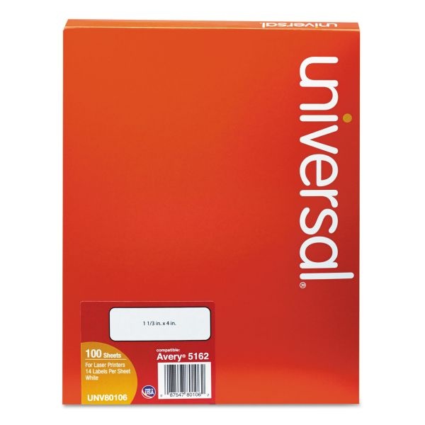 Universal White Labels, Inkjet/Laser Printers, 1.33 X 4, White, 14/Sheet, 100 Sheets/Box