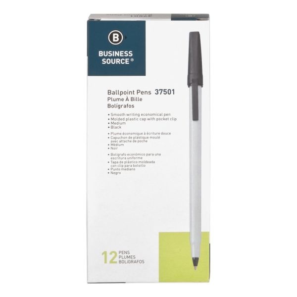 Business Source Medium Point Ballpoint Stick Pens - Medium Pen Point - Black - Light Gray Barrel - Stainless Steel Tip - 1 Dozen