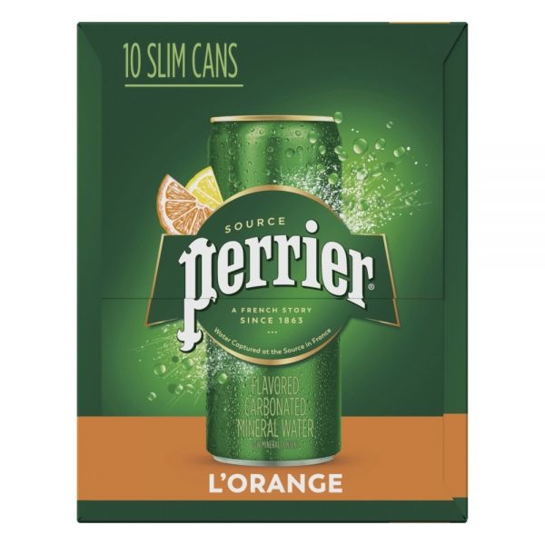 Perrier Sparkling Mineral Water, L'orange/Lemon Orange, 8.45 Oz, Pack Of 10