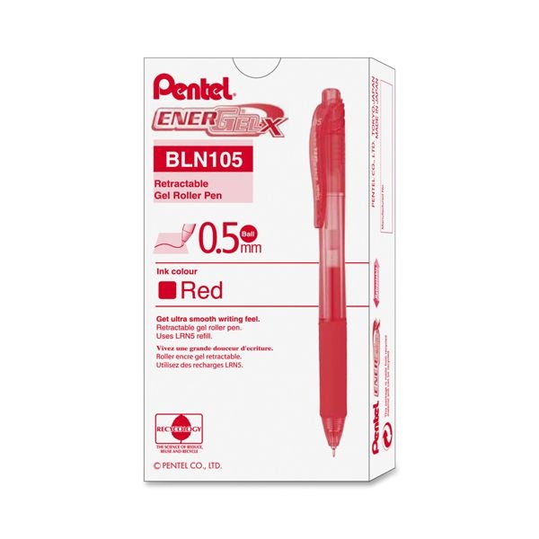 Pentel Energel-X Gel Pen, Retractable, Fine 0.5 Mm Needle Tip, Red Ink, Red Barrel, Dozen