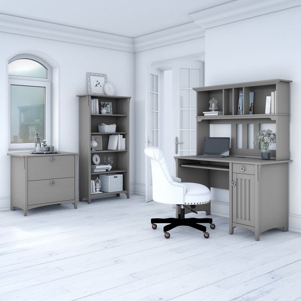 Bush Furniture Salinas Mission Desk With Hutch, Lateral File Cabinet And 5 Shelf Bookcase In Cape Cod Gray