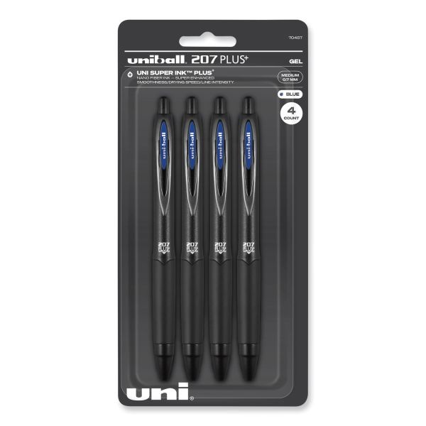 Uniball 207 Plus+ Gel Pen, Retractable, Medium 0.7 Mm, Blue Ink, Black Barrel, 4/Pack