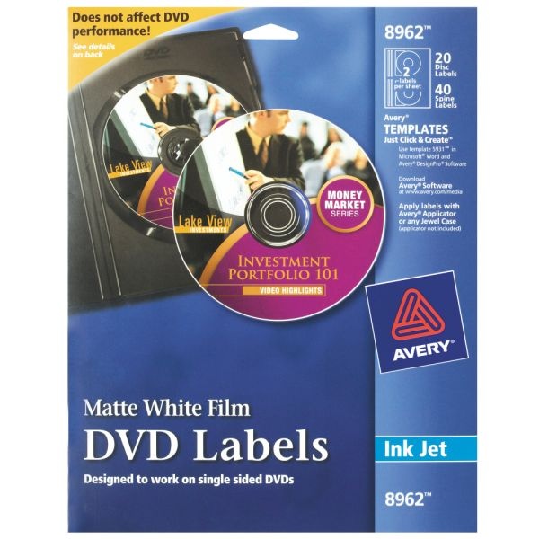 Avery Film Dvd Labels, 8962, Round, 4-13/20" Diameter, White, 20 Disc Labels And 40 Spine Labels