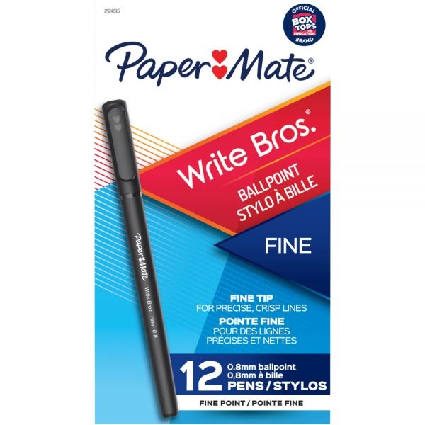 Paper Mate Write Bros Ballpoint Stick Pens, 0.8 Mm, Fine Point, Black Barrel, Black Ink, Pack Of 12 Pens