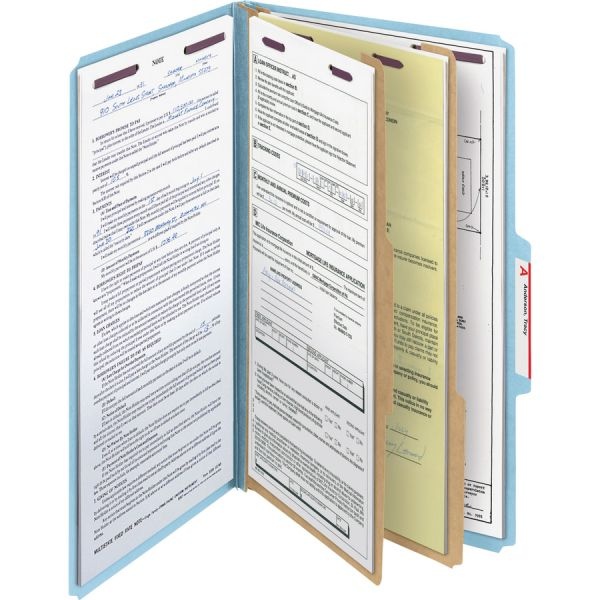 Smead Six-Section Pressboard Top Tab Classification Folders, Six Safeshield Fasteners, 2 Dividers, Legal Size, Blue, 10/Box