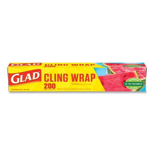 Glad Clingwrap Plastic Wrap, 200 Square Foot Roll, Clear, 12 Rolls/Carton