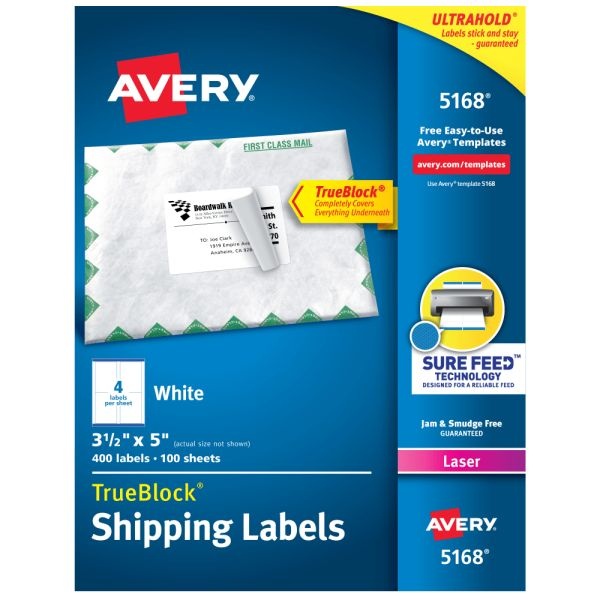 Avery Trueblock Shipping Labels With Sure Feed Technology, 5168, Rectangle, 3-1/2" X 5", White, Pack Of 400