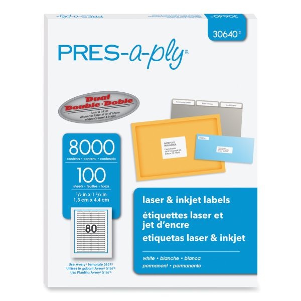 Pres-A-Ply Labels, Inkjet/Laser Printers, 0.5 X 1.75, White, 80/Sheet, 100 Sheets/Pack