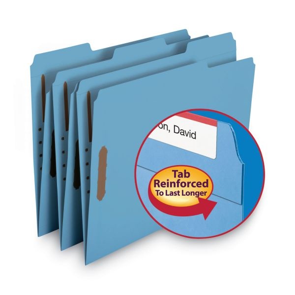 Smead Watershed Cutless Reinforced Top Tab Fastener Folders, 0.75" Expansion, 2 Fasteners, Letter Size, Blue Exterior, 50/Box