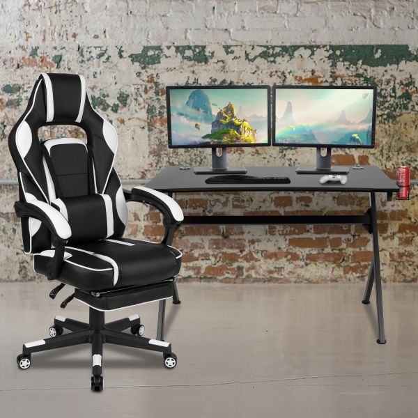 Optis Black Gaming Desk With Cup Holder/Headphone Hook/2 Wire Management Holes & White Reclining Back/Arms Gaming Chair With Footrest