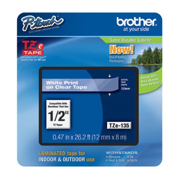 Brother P-Touch Tze Laminated Tape Cartridges, 1/2"W, White, Clear