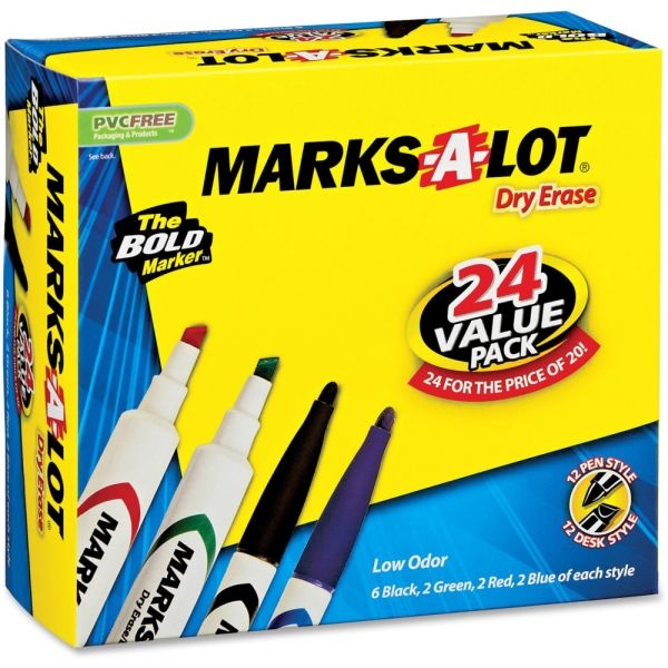 Avery Mark A Lot Desk/Pen-Style Dry Erase Marker, Chisel/Bullet Tip, Assorted, 24/Pk